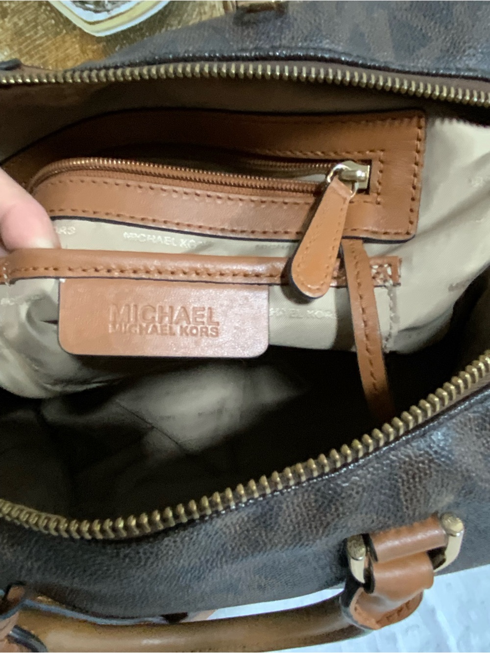 Michael Kors Dark Brown Monogram Satchel with Tan Handles - Picture 14 of 14